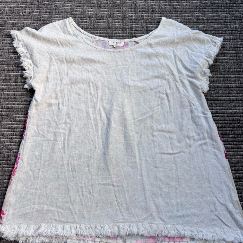 Umgee White Fringe Linen Blend Blouse with Pink Accents